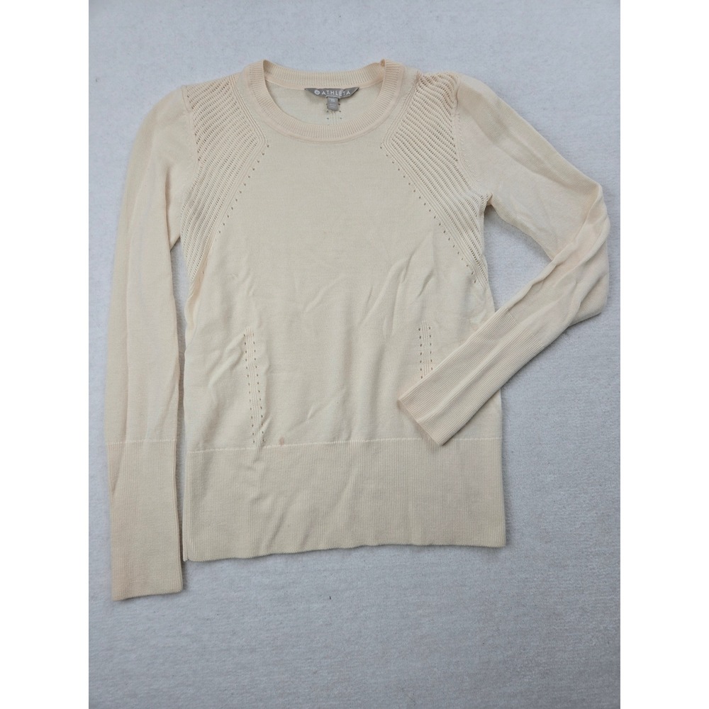 Athleta Apine Vneck Cream Merino Wool Long Sleeve Crew Neck Sweater  Women's XS